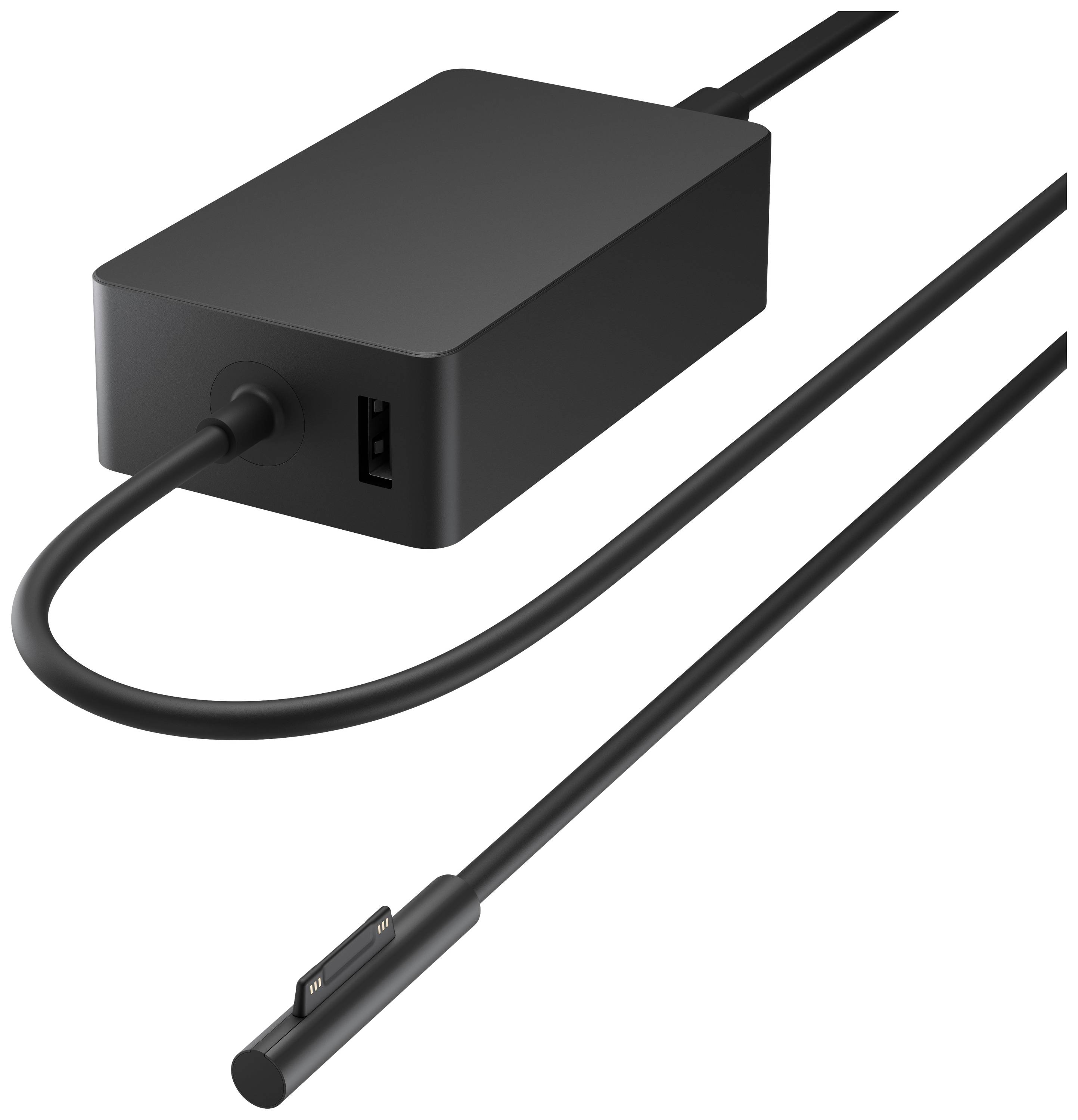 Čierny napájací adaptér pre notebook s pripájacím káblom a USB portom, určený na nabíjanie a napájanie kompatibilných zariadení.