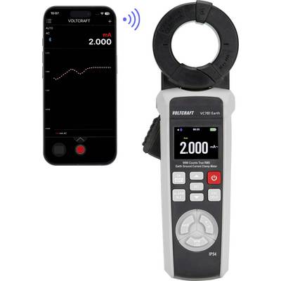 Voltcraft svorkovací multimeter s bezdrôtovou aplikáciou pre smartfón zobrazujúcou meranie 2.000 mA AC a graf trendu.