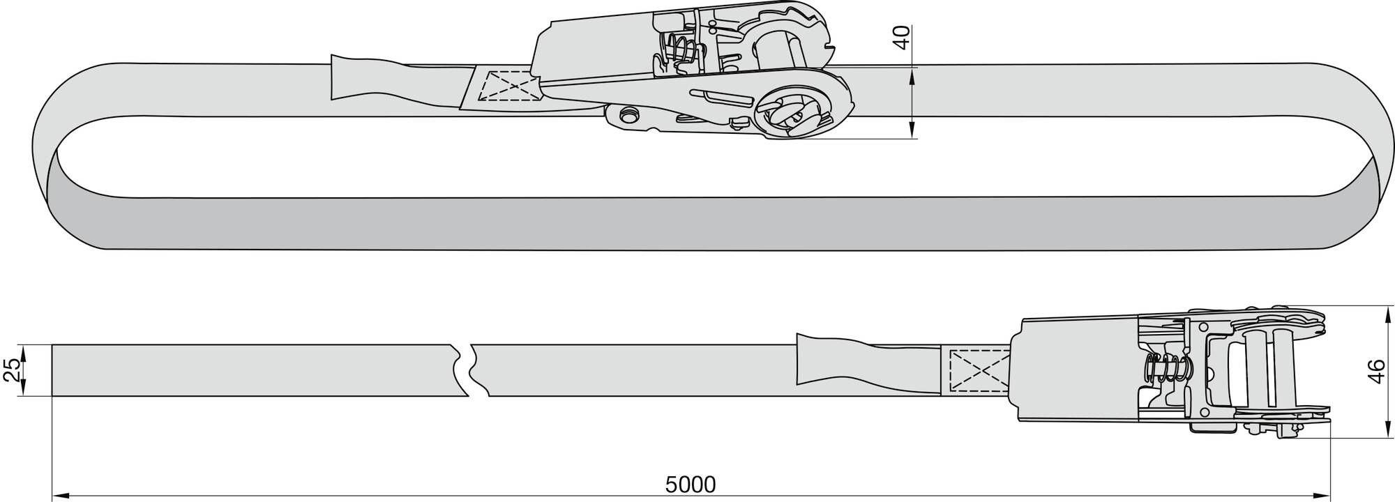 Obrázok upínadacieho popruhu s račňou. Rozmery sú uvedené: dĺžka popruhu 5000 mm, šírka 25 mm, výška račne 40 mm, dĺžka 46 mm.