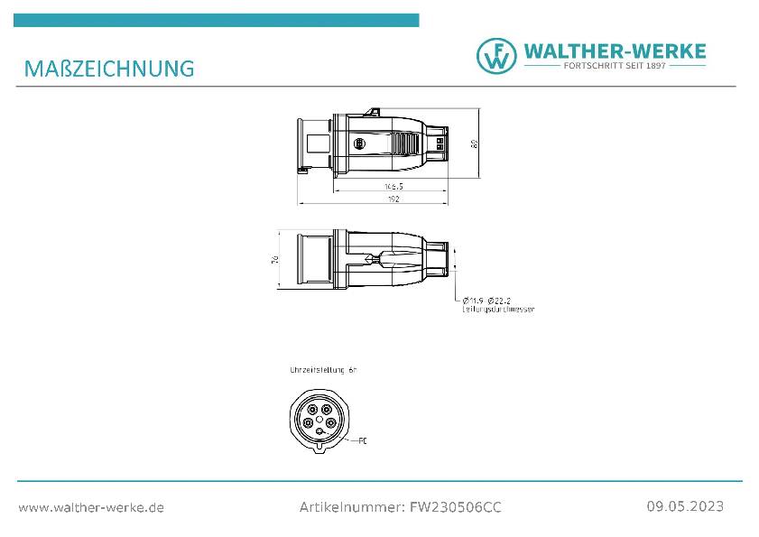 Výkres rozmerov technického konektora od Walther-Werke. Hore pohľad z boku, dole čelný pohľad s rozmermi. Katalógové číslo: FW230506CC. Dátum: 09.05.2023.