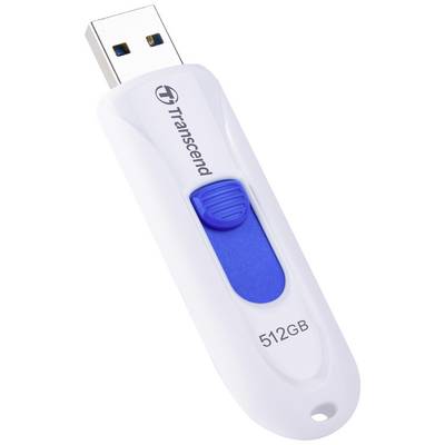 Biely USB kľúč od značky Transcend s modrou posuvnou mechanikou a nápisom '512GB'.