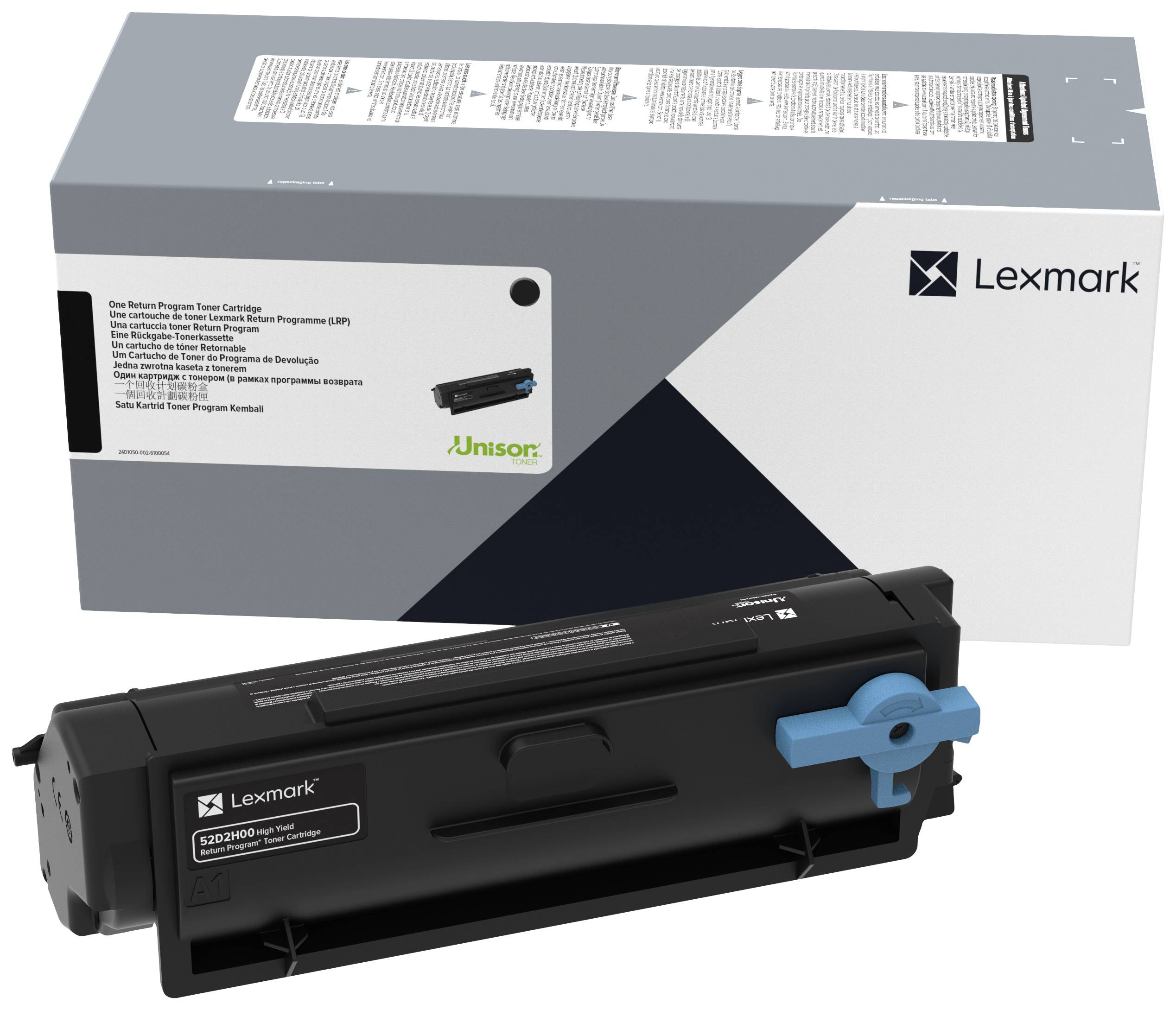 Čierna tonerová kazeta Lexmark s modrou súčasťou, vedľa bielej škatule potlačenej logami a textom.