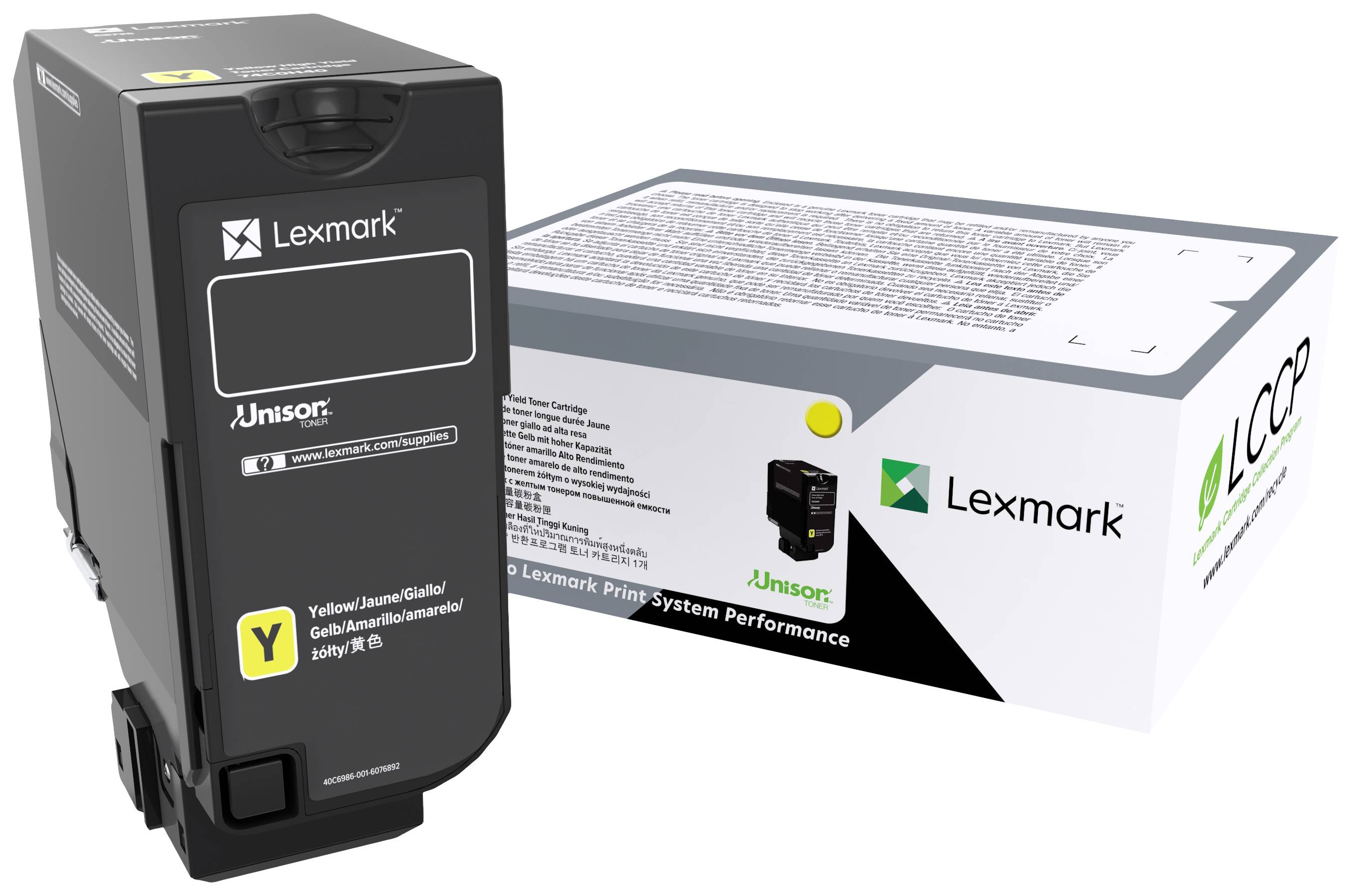 Atramentová kazeta Lexmark vľavo vedľa zodpovedajúceho obalu. Kazeta je označená žltou farbou a má nápis 'Unison'.