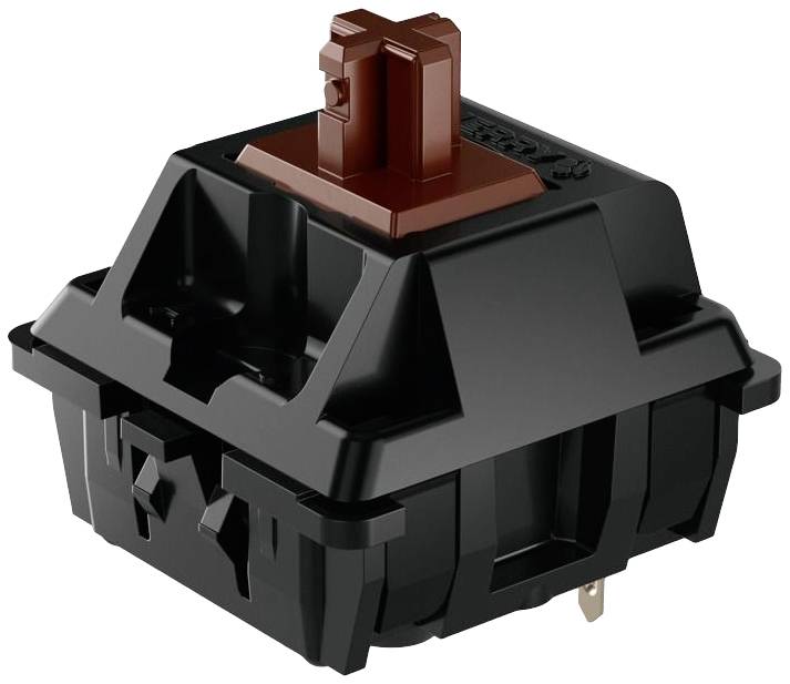 Mechanický klávesový spínač v hnedej farbe s taktilnou odozvou, vhodný pre presné písanie a hranie hier.