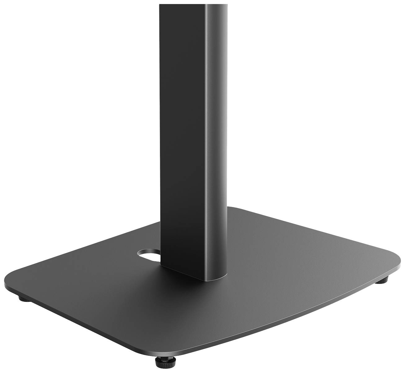 Čierny kovový stojan so štvorcovou základňou a centrálnym vertikálnym stĺpikom. Dizajn je jednoduchý a moderný.
