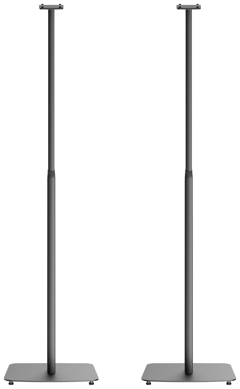 Dva čierne, štíhle kovové stojany s obdĺžnikovými základňami, vhodné na umiestnenie reproduktorov v obývacom priestore alebo kancelárii.