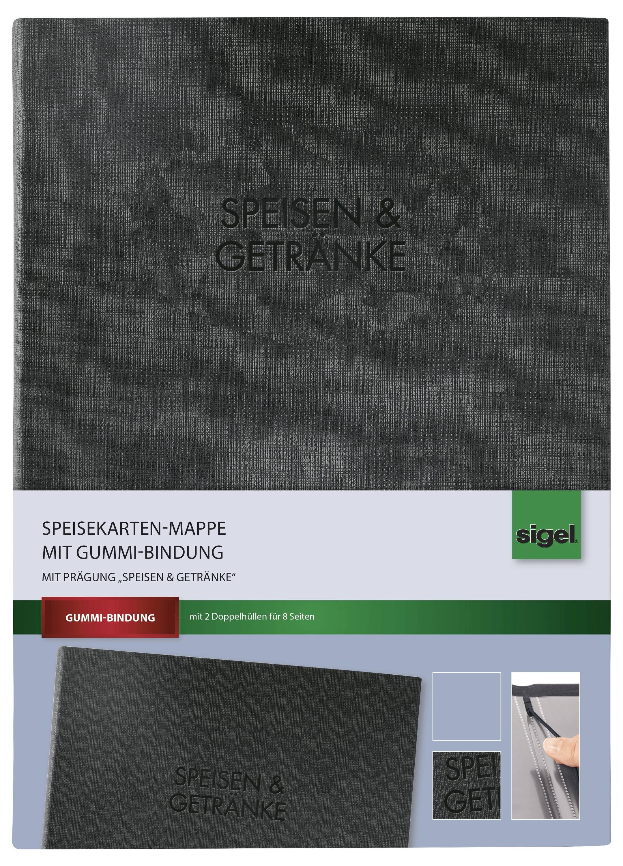 Čierna zložka na jedálny lístok označená „SPEISEN & GETRÄNKE" s gumičkou; obal produktu uvedený nižšie hovorí „SPEISEKARTEN-MAPPE MIT GUMMI-BINDUNG" a „sigel".