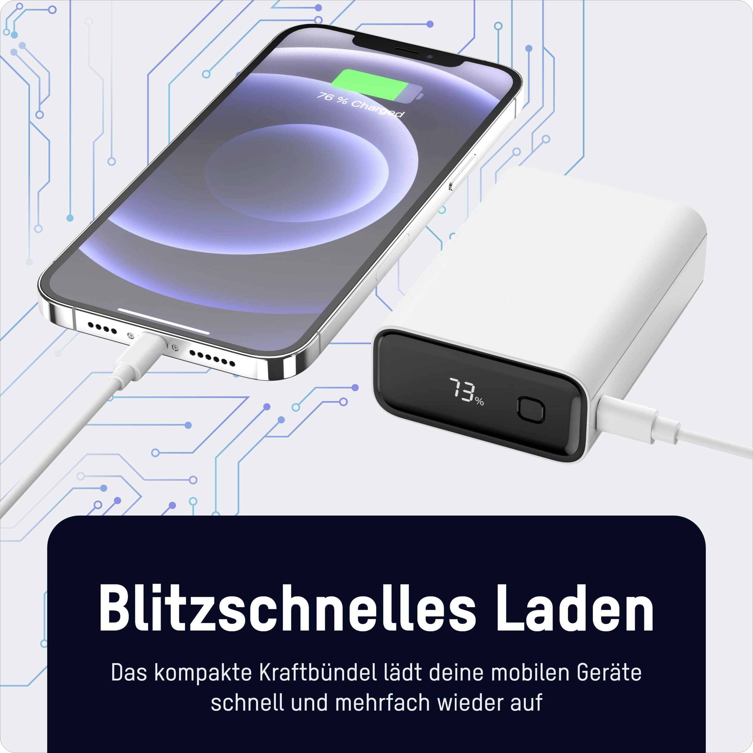 Rýchle nabíjanie – Kompaktná powerbanka rýchlo nabíja mobilné zariadenia a zobrazuje stav batérie. Mobilný telefón pripojený cez USB kábel.