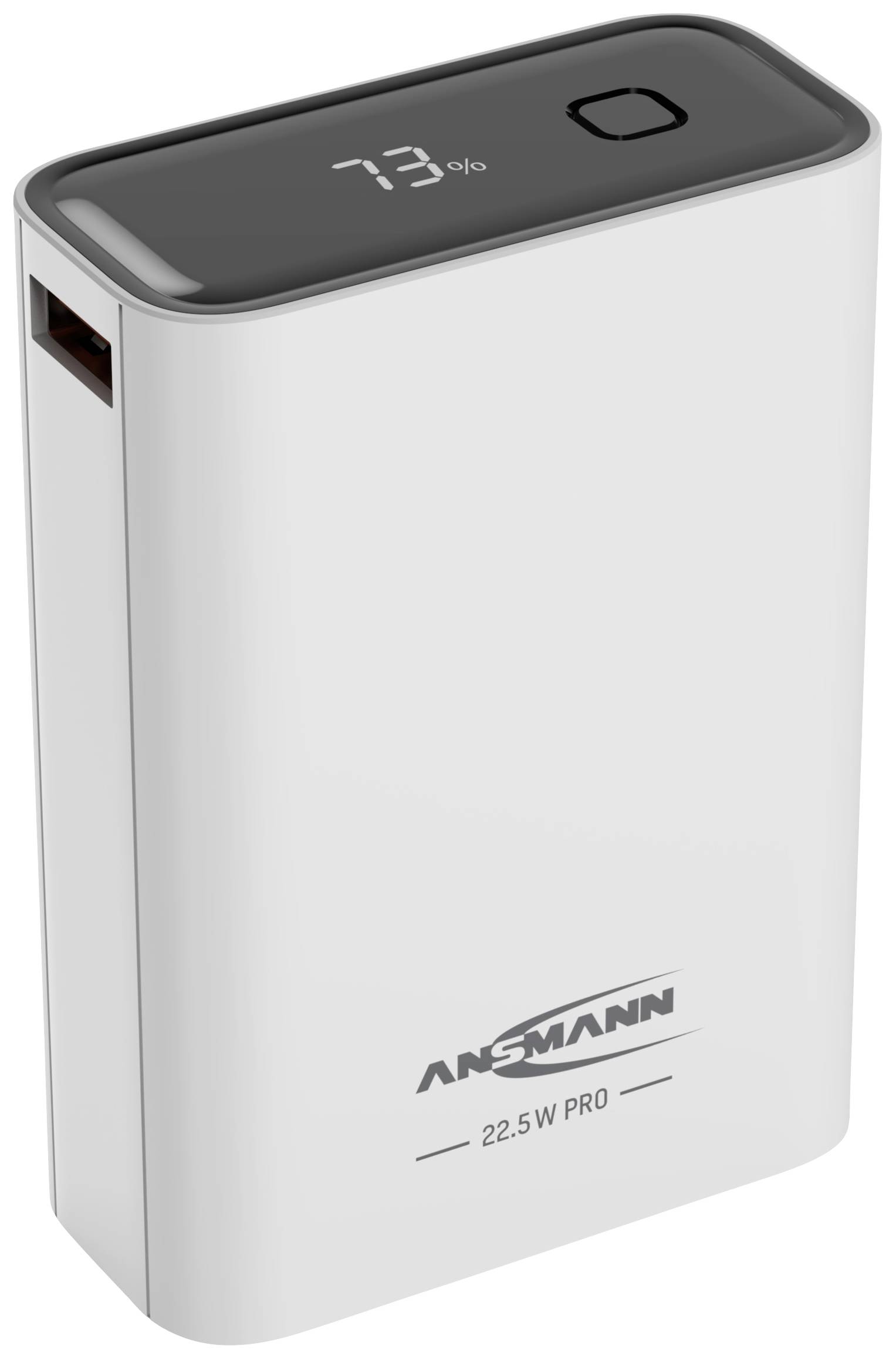 Biela powerbanka s digitálnym displejom zobrazuje '73%'. Značka 'ANSMANN', model '22.5 W PRO'. Jeden USB port je viditeľný.