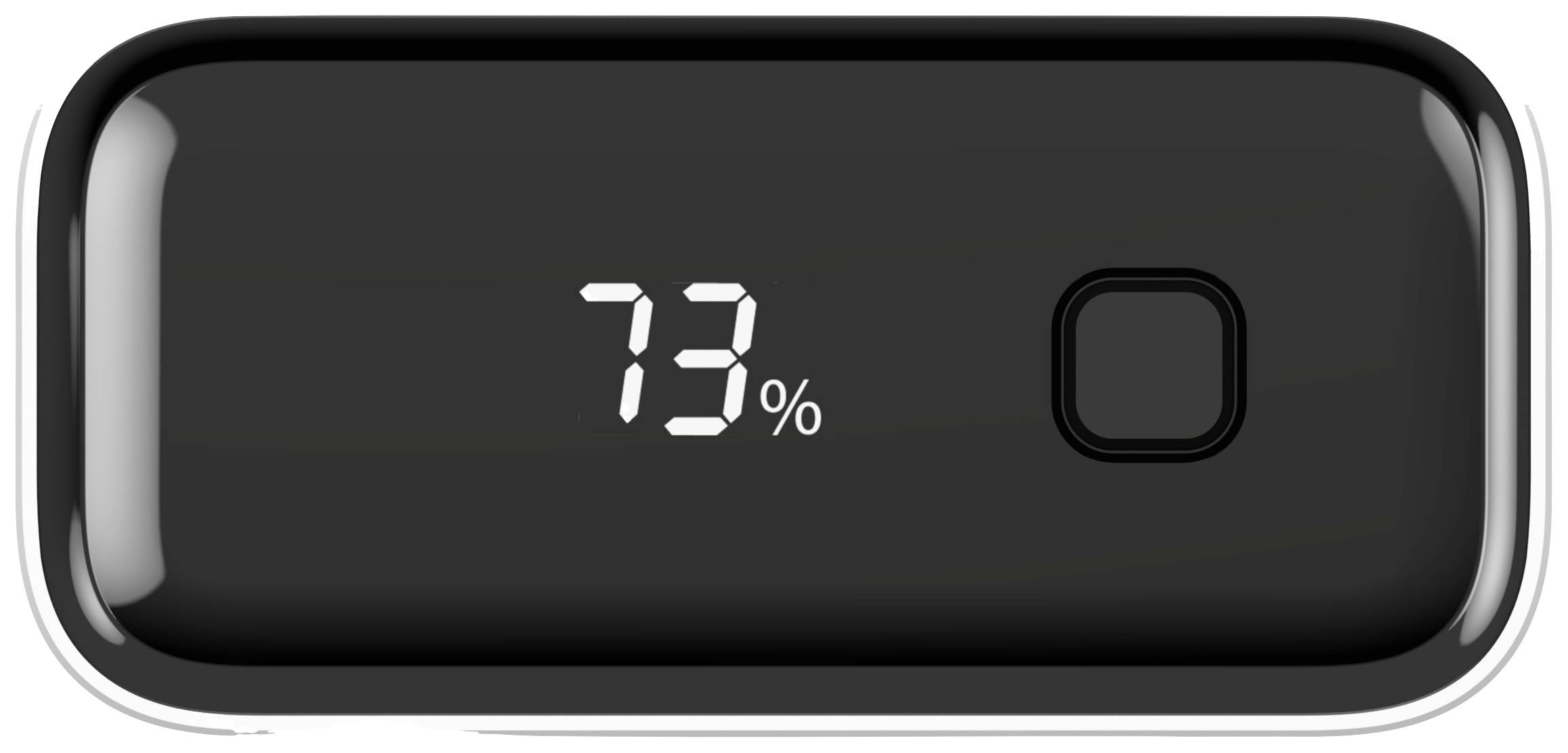 Prenosná nabíjačka s digitálnym displejom zobrazujúcim stav nabitia '73%'. Čierne telo, obdĺžnikový tvar.