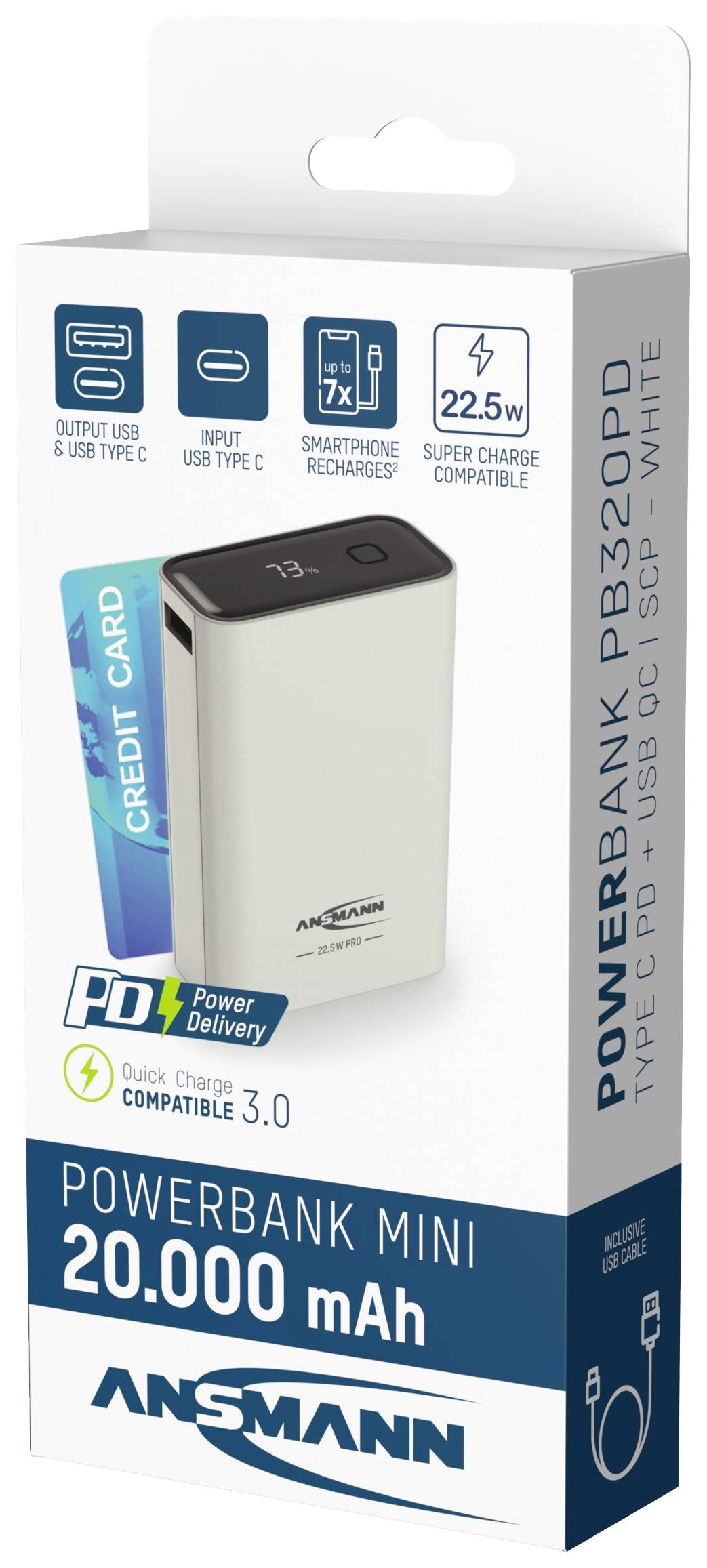 Malá powerbanka od Ansmannu s kapacitou 20.000 mAh, s USB-C a USB portom, vhodná na nabíjanie smartfónov; v bielom dizajne.