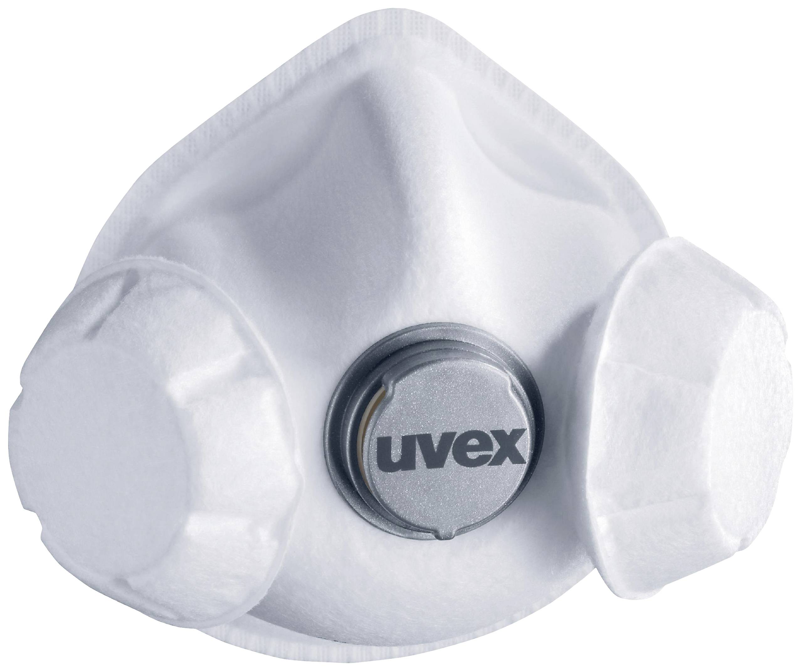Ochranná maska s ventilom a potlačou 'uvex', pohľad spredu. Maska poskytuje ochranu dýchacích ciest a je ergonomicky tvarovaná.