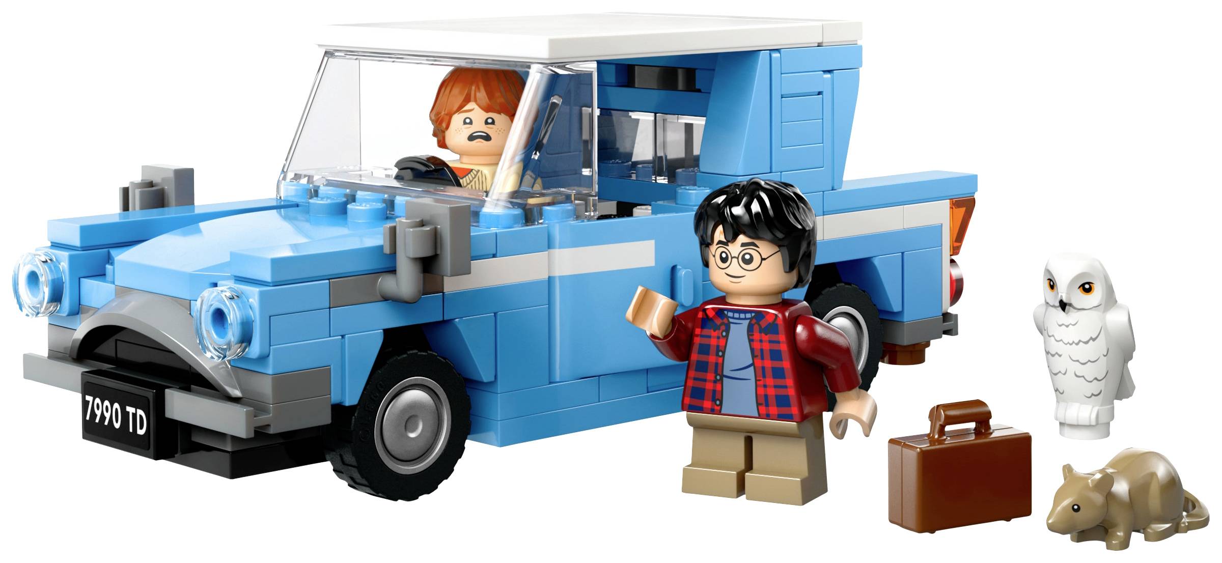 Lego scéna: Dve figúrky vedľa modrého auta. Jedna figúrka sedí za volantom, druhá drží šálku. Vedľa sedí biela sova.