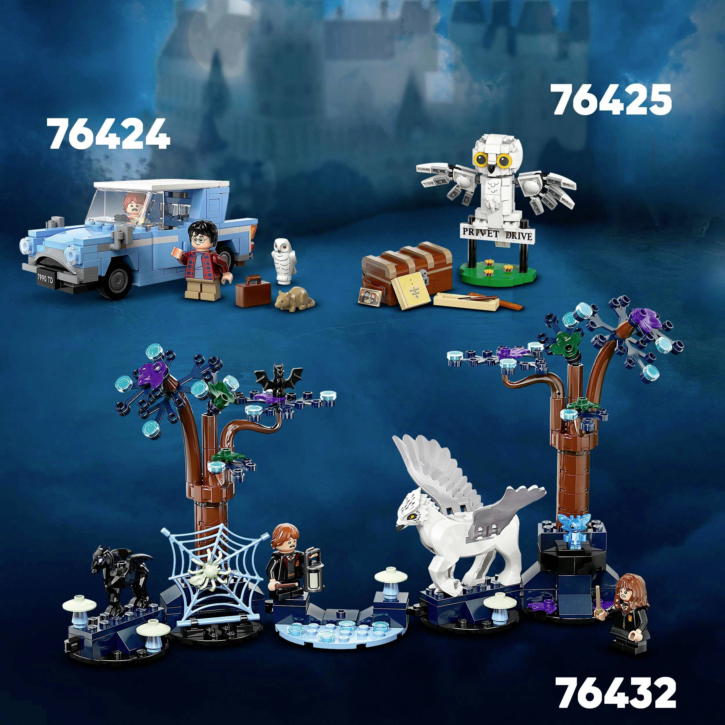 Obrázok zobrazuje tri rôzne LEGO Harry Potter súpravy. Vľavo hore modré auto s figúrkami, vpravo hore sovu Hedwig, dole scénu s jednorožcom.