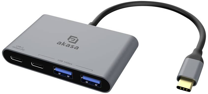 USB hub s dvoma USB-C a dvoma USB-A portami, ktorý prepája viacero zariadení s počítačom prostredníctvom jediného USB-C konektora.