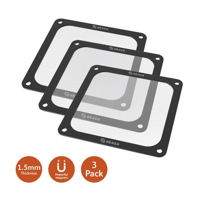Tri obdĺžnikové prachové filtre pre PC, uložené na sebe, každý so štyrmi upevňovacími otvormi, hrubé 1,5 mm, dodávané v balení po troch kusoch.