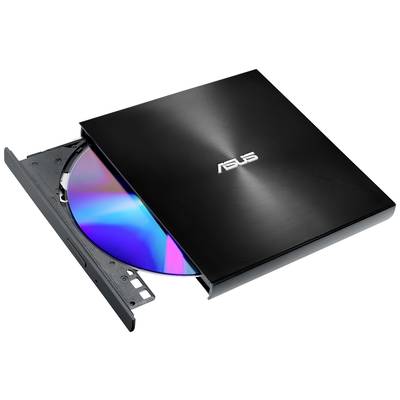 Čierna externá DVD mechanika ASUS s otvorenou zásuvkou a viditeľným diskom DVD.