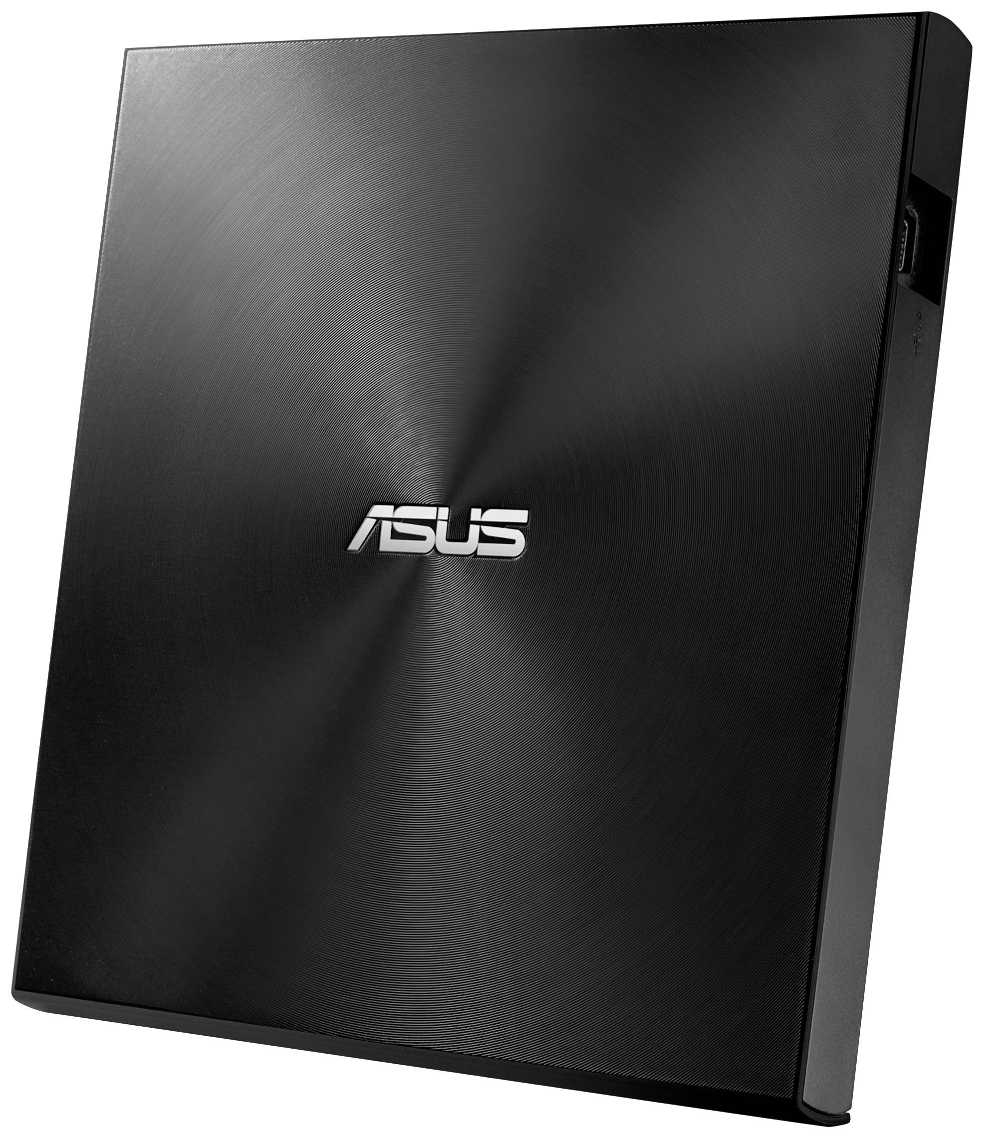 Externá DVD napaľovačka od ASUS v elegantnom, čiernom dizajne s hladkým povrchom.