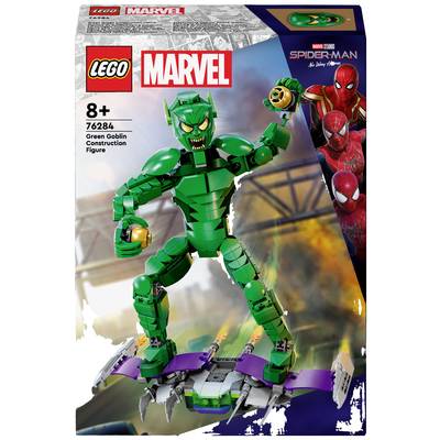 LEGO Marvel 76284 Green Goblin stavebnica so zelenou Goblin figúrkou na klzáku; pre deti od 8 rokov. V pozadí je Spider-Man.