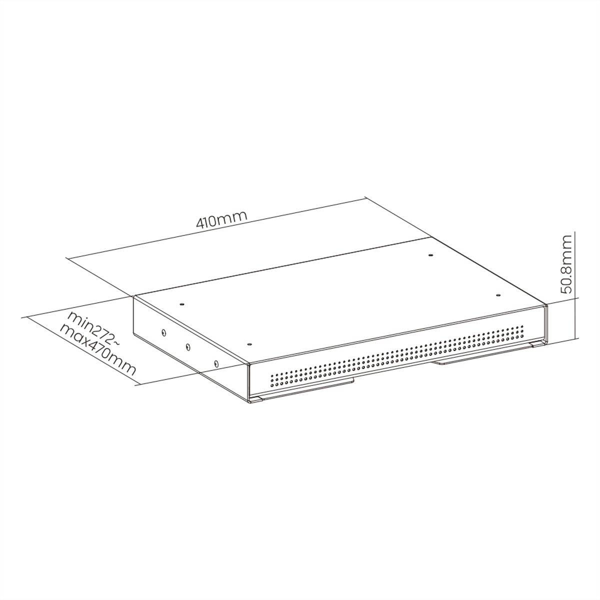 Nákres kovového obdĺžnikového krytu s rozmermi: šírka 410 mm, hĺbka 508 mm, výška nastaviteľná medzi 272 mm a 470 mm.