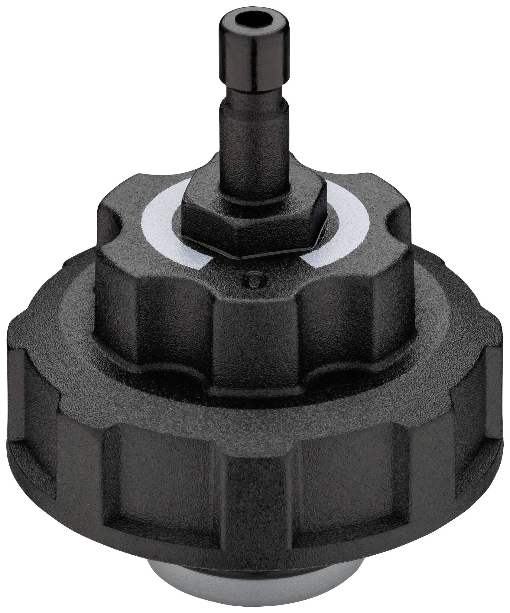 Plastový ventilový kryt s kvapkovitou rukoväťou a stredovým otvorom, používaný ako uzáver v hydraulických systémoch.