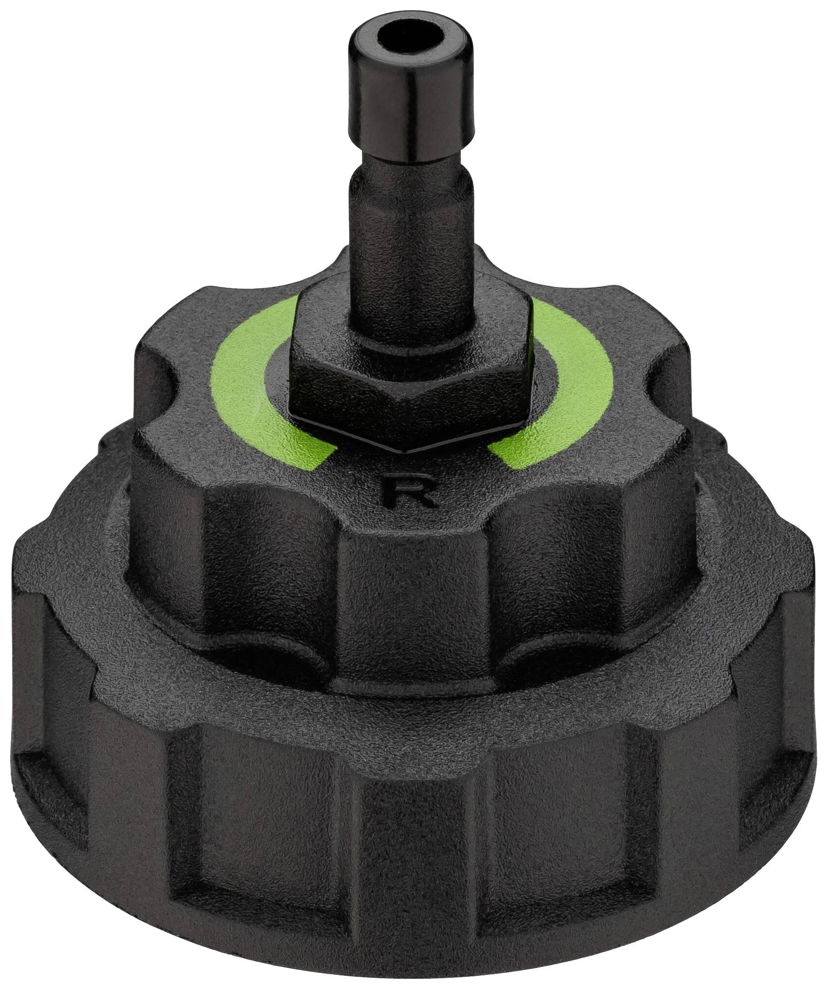 Čierny plastový uzáver so zelenými značkami a horným pripojením. Používa sa na bezpečné utesnenie v mechanickom systéme.