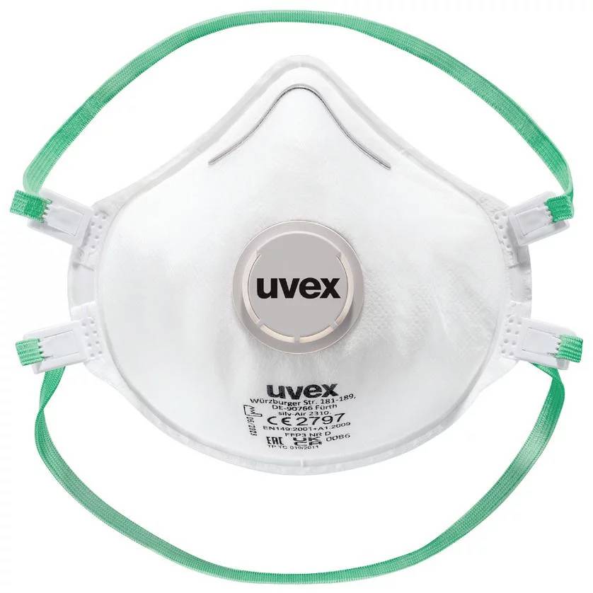 Obrázok zobrazuje bielu respiračnú masku s ventilom a zelenými páskami, na ktorej je značka 'uvex'. Slúži na ochranu pred časticami.