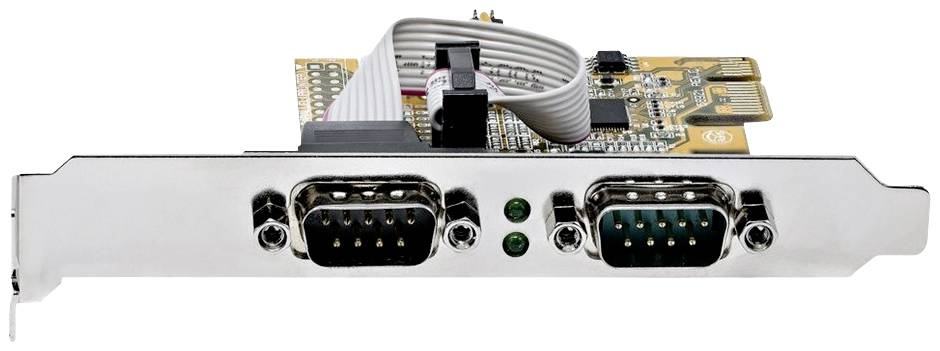 Karta PCI s dvoma portami RS-232 a dvomi zelenými LED diódami, používaná pre sériovú komunikáciu v počítačoch.