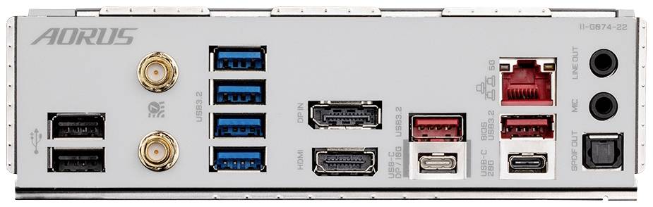 Zadná strana počítačovej základnej dosky s rôznymi konektormi vrátane USB portov, HDMI, DisplayPort, Ethernetu a audiovstupov.