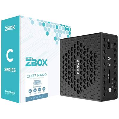 ZOTAC ZBOX C Séria CI337 Nano Mini-PC s čiernym, honeycombovým dizajnom stojí vedľa obalu. Ideálny pre tiché, kompaktné počítačové riešenia.