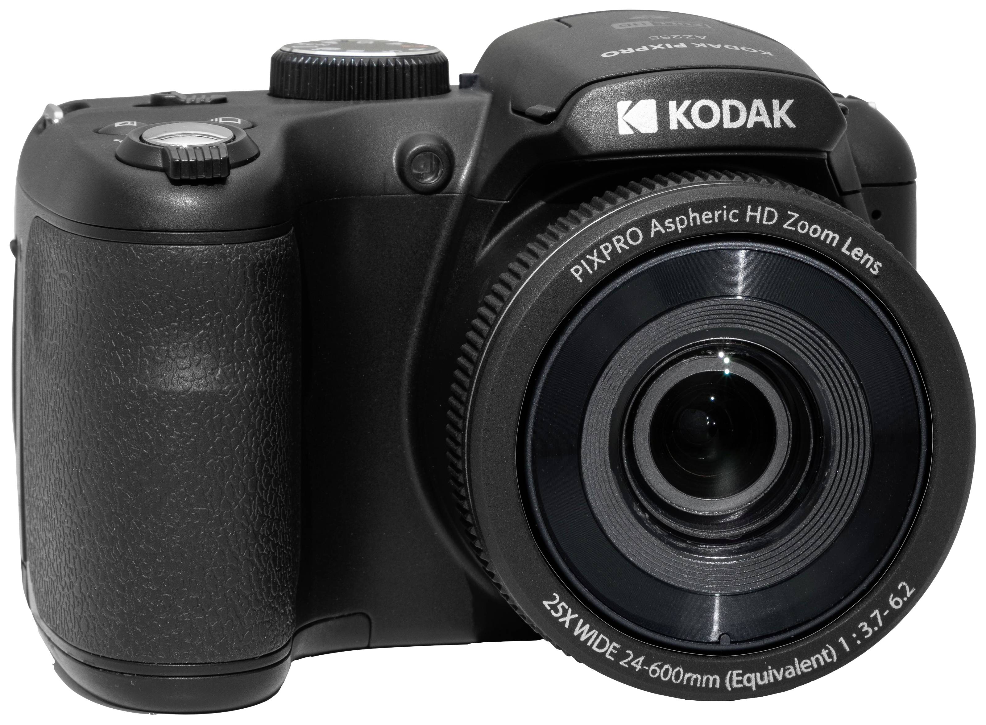 Digitálny fotoaparát so zoomovacím objektívom a ergonomickým držadlom, viditeľné logo značky vpredu.