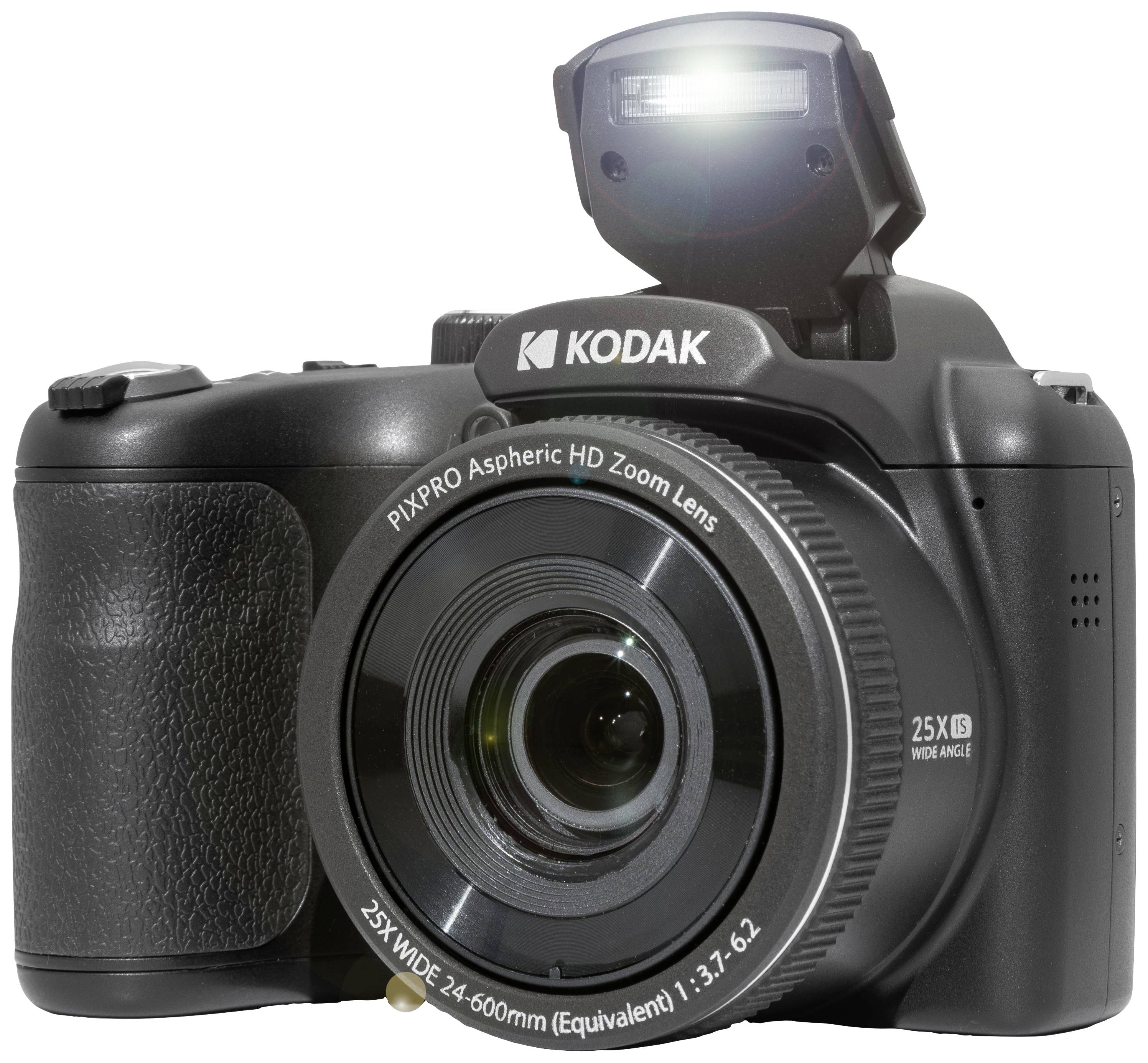 Čierna digitálna kamera značky Kodak s vysunutým bleskom a zoomovým objektívom na neutrálnom pozadí.
