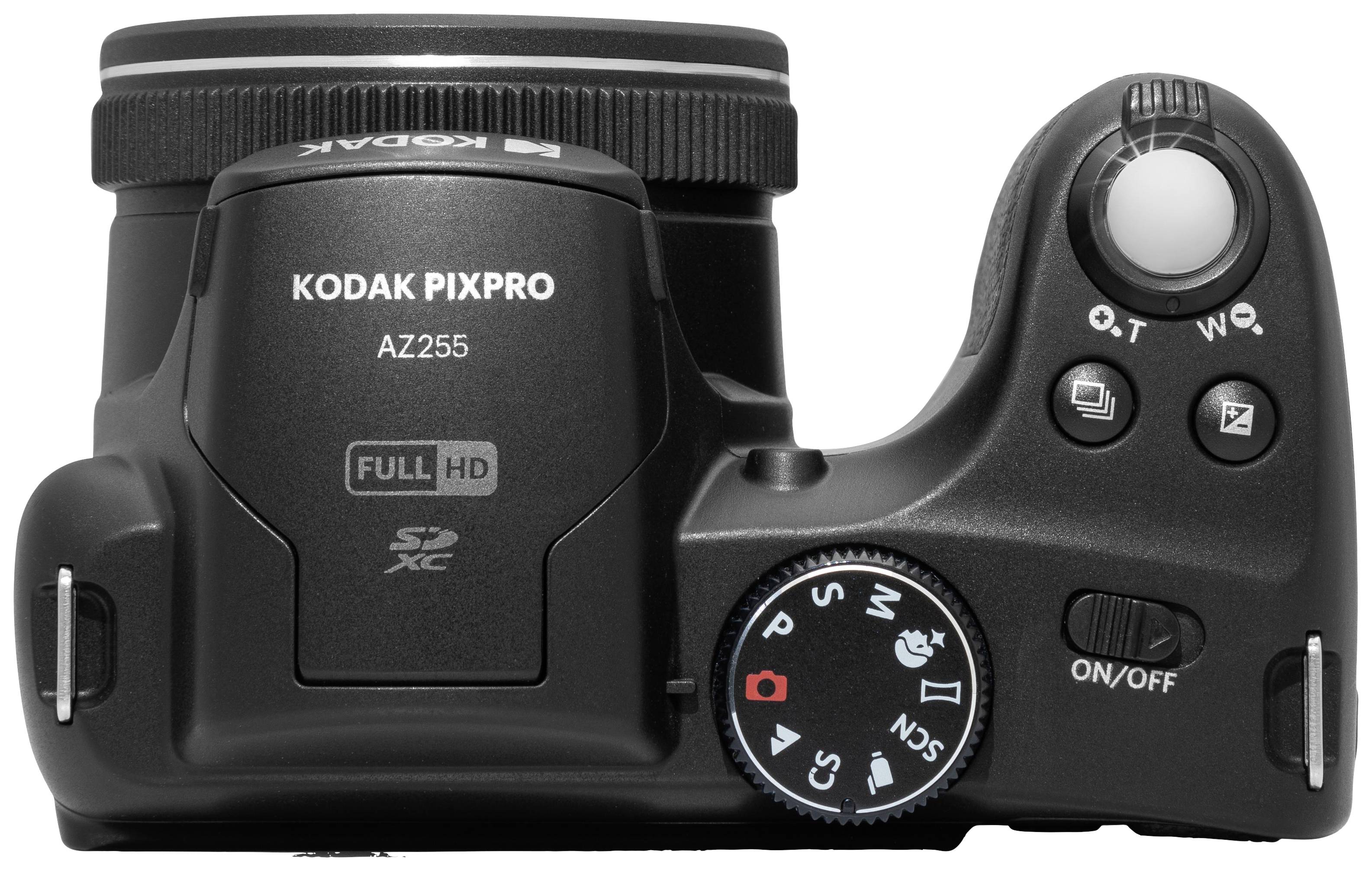 Digitálny fotoaparát zhora, zobrazuje logo značky, objektív, ovláداcie prvky a prepínače.