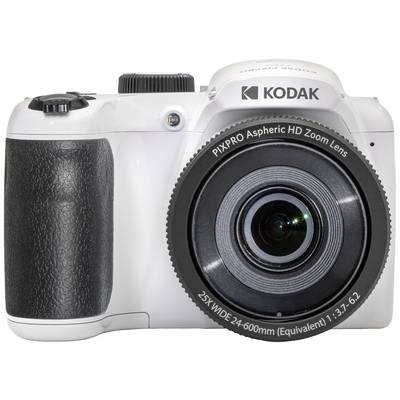 Biely digitálny fotoaparát so zoomovacím objektívom značky 'Kodak', viditeľný spredu. Vhodný pre fotografovanie s rôznorodými možnosťami priblíženia.