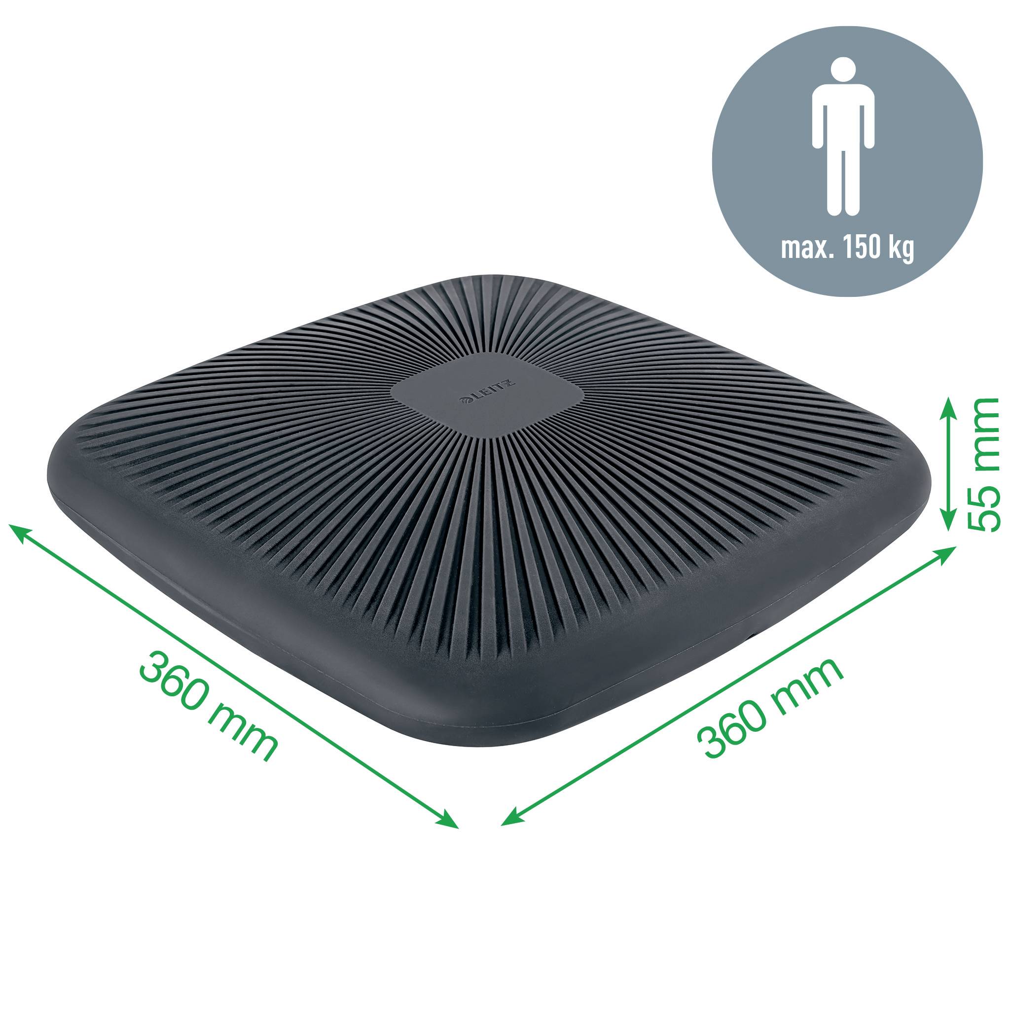 Čierne, štvorhranné balančné vankúšiky s drážkami, rozmery: 360 x 360 x 55 mm, maximálne zaťaženie 150 kg.