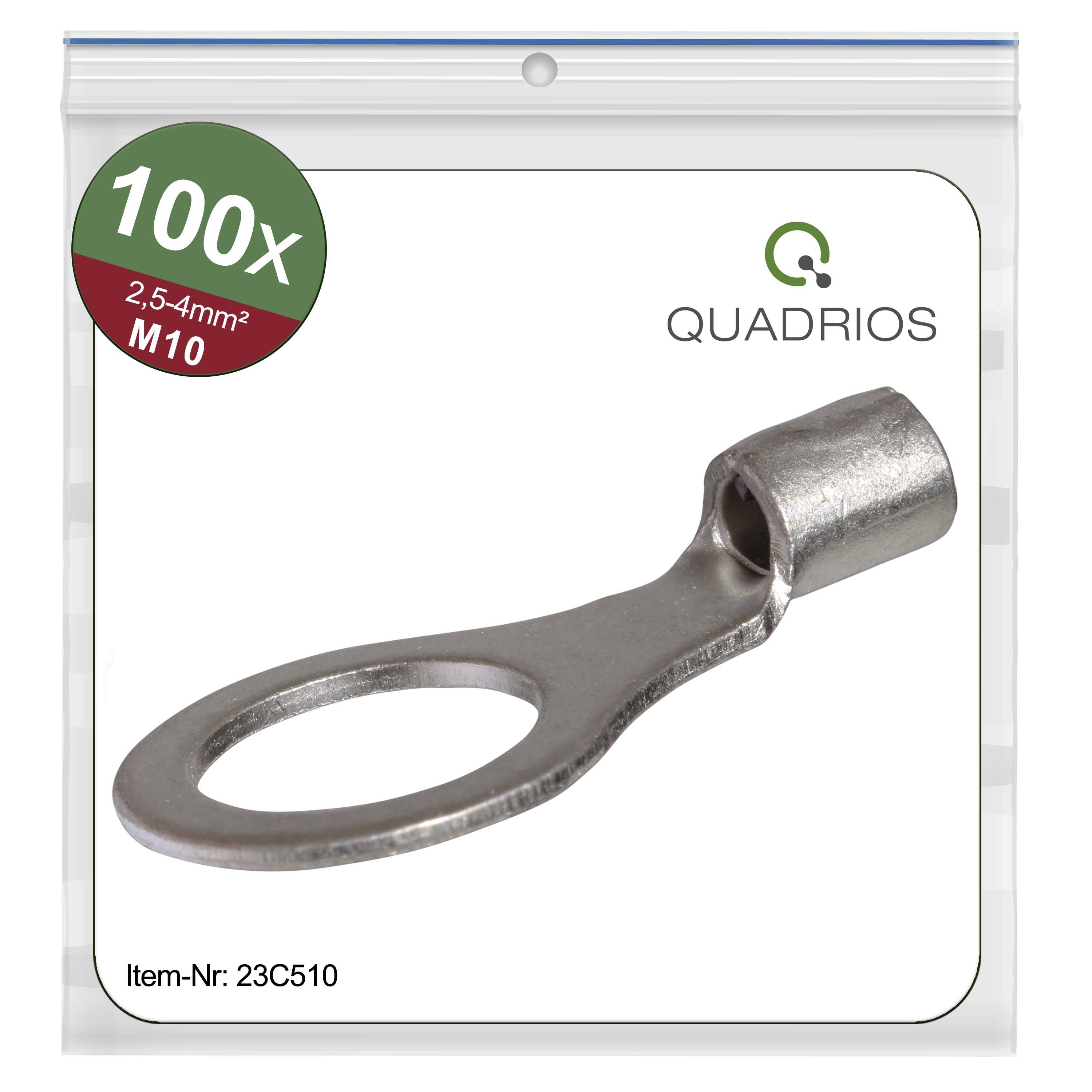 Balenie so 100 kovovými káblovou lisovanými koncovkami, okrúhlymi, 2,5-4 mm², M10. Firemné logo hore vpravo, katalógové číslo 23C510 dole.