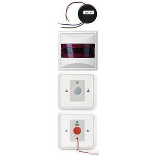 Alarmová sada pozostávajúca z piezomenej sirény hore, pod ňou pohybový senzor a pod ním dva tlačidlá, modré a červené.