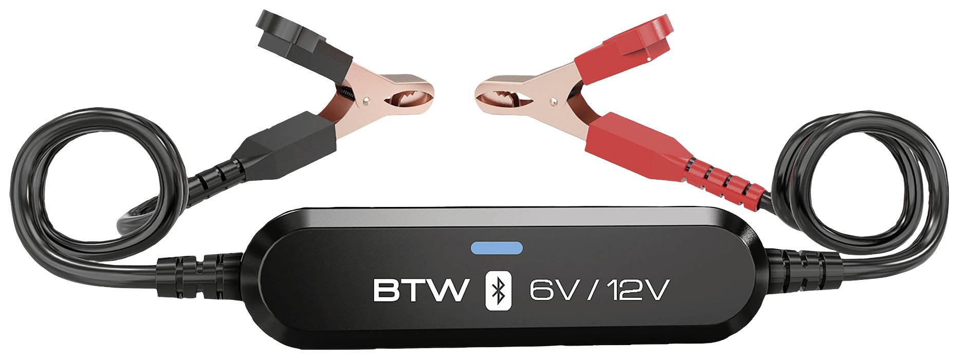 'Nabíjačka batérií s 6V/12V. Zobrazuje svorky v čiernej a červenej farbe pre pripojenie. Kompatibilná s Bluetooth, vhodná pre rôzne vozidlá.'