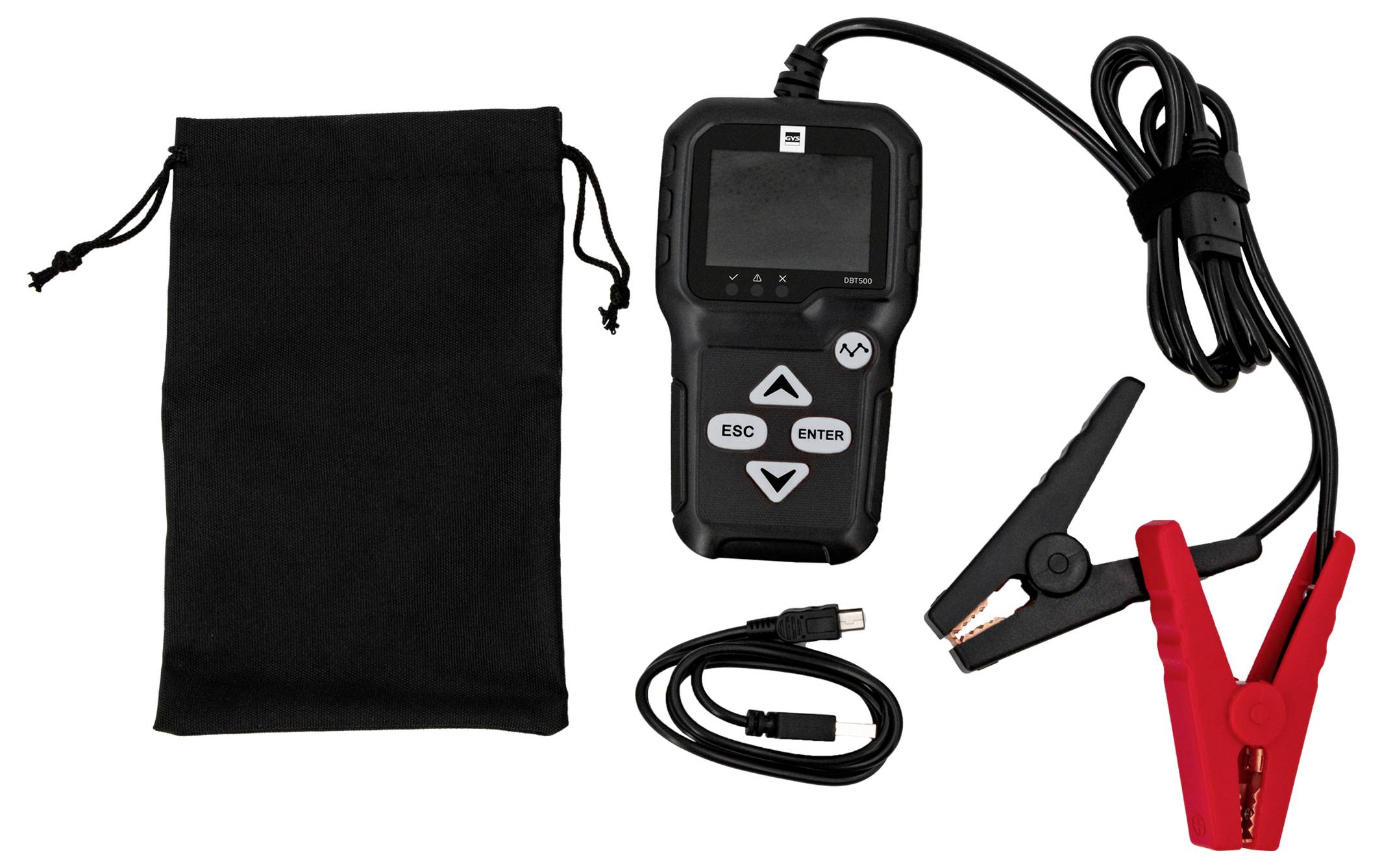 Prenosný súbor elektronických testovacích zariadení s ručným prístrojom, kabelom, svorkami, USB kabelom a čiernym vreckom so šnúrkou na bielom pozadí.