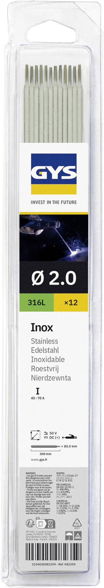 Balenie elektród na zváranie z nehrdzavejúcej ocele GYS 2,0 mm, 316L, 12 ks, na zváranie inoxu.