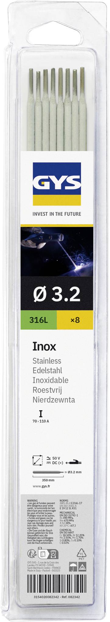 Balík 8 zváracích elektród GYS z nehrdzavejúcej ocele, Ø 3,2 mm, 316L inox, v priehľadnom plastovom puzdre.