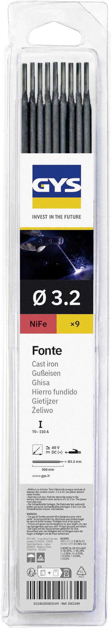 Balenie s deviatimi zváracími prútmi GYS 3,2 mm NiFe označenými Fonte, s technickými špecifikáciami a bezpečnostnými ikonami na prednej strane.