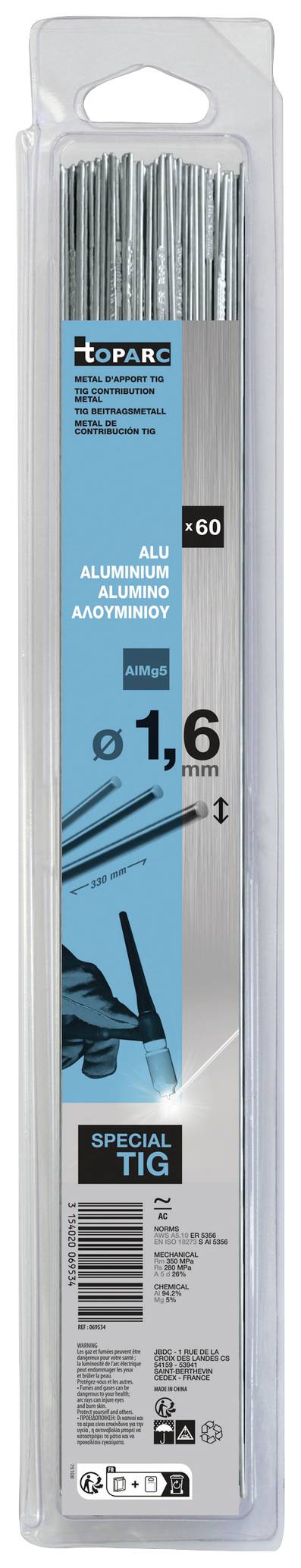 Toparc WIG Elettrodi per saldatura 60 pz. (Ø x L) 1.6 mm x 330 mm