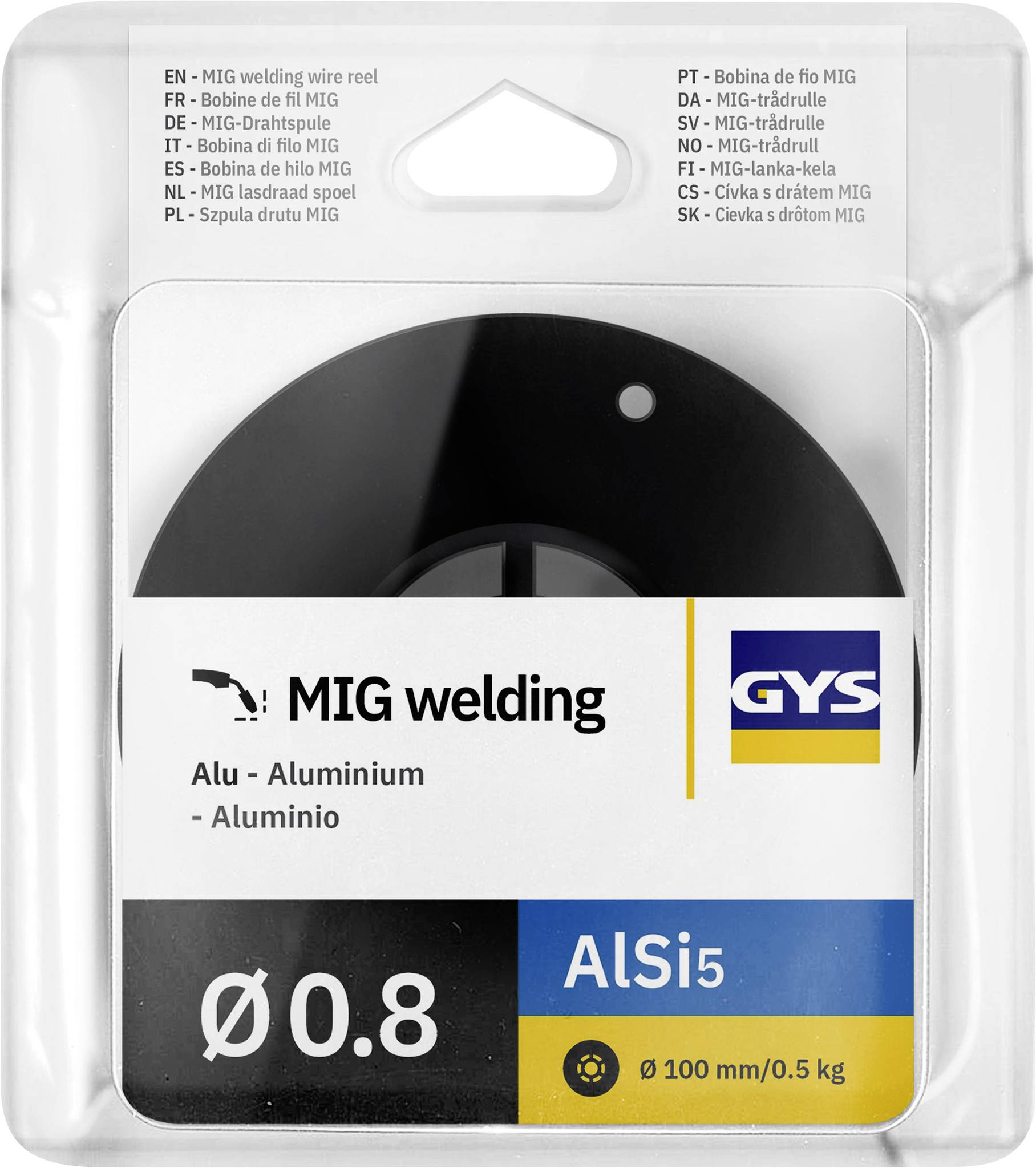 Balenie zvárací drôt GYS MIG pre hliník, označené „Alu - Aluminium" a „AlSi5", priemer 0,8 mm, 100 mm/0,5 kg.