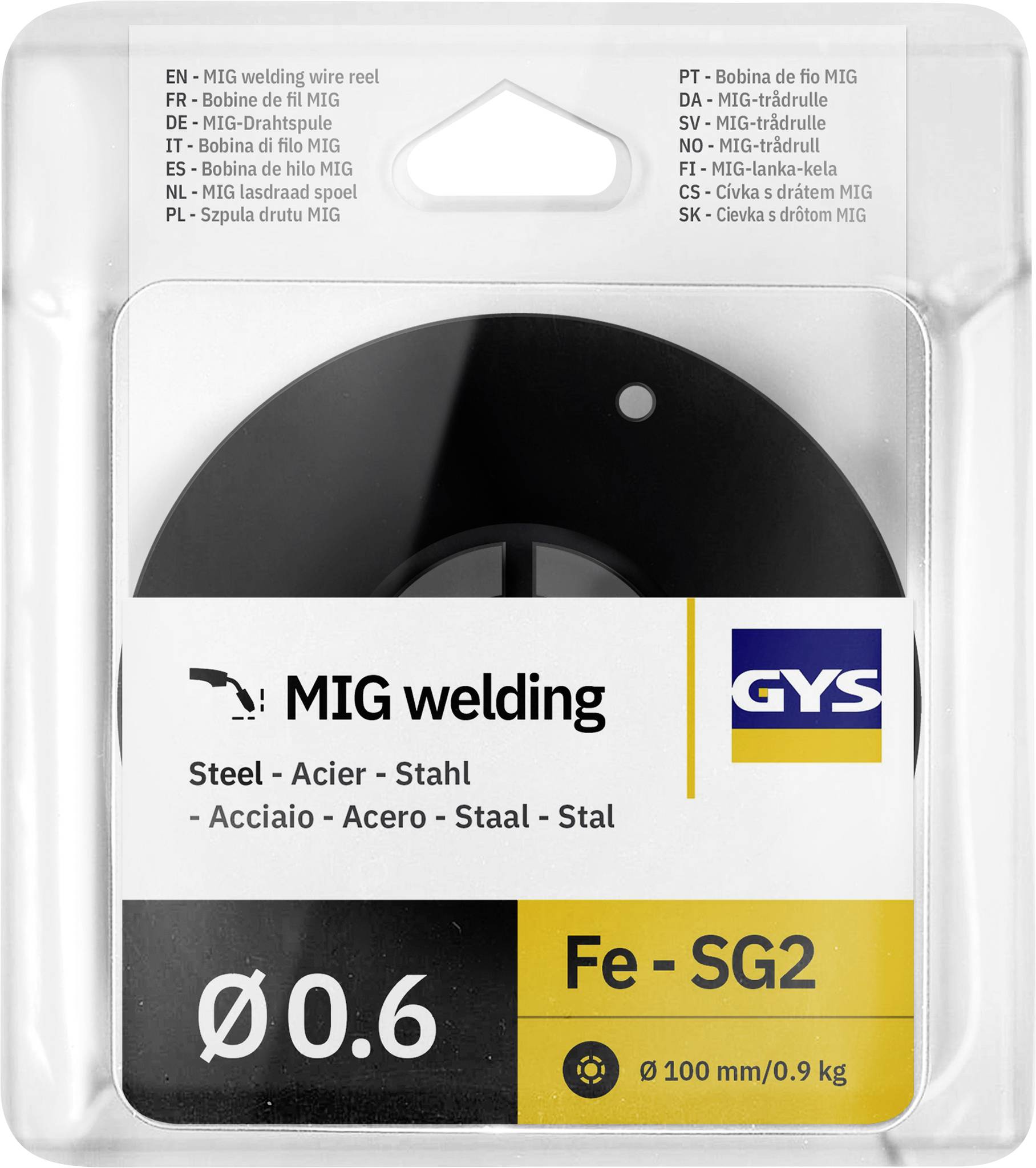 Balenie elektródy GYS MIG na zváracie drôty označené 'Fe-SG2', 0,6 mm, 100 mm/0,9 kg na oceľ.