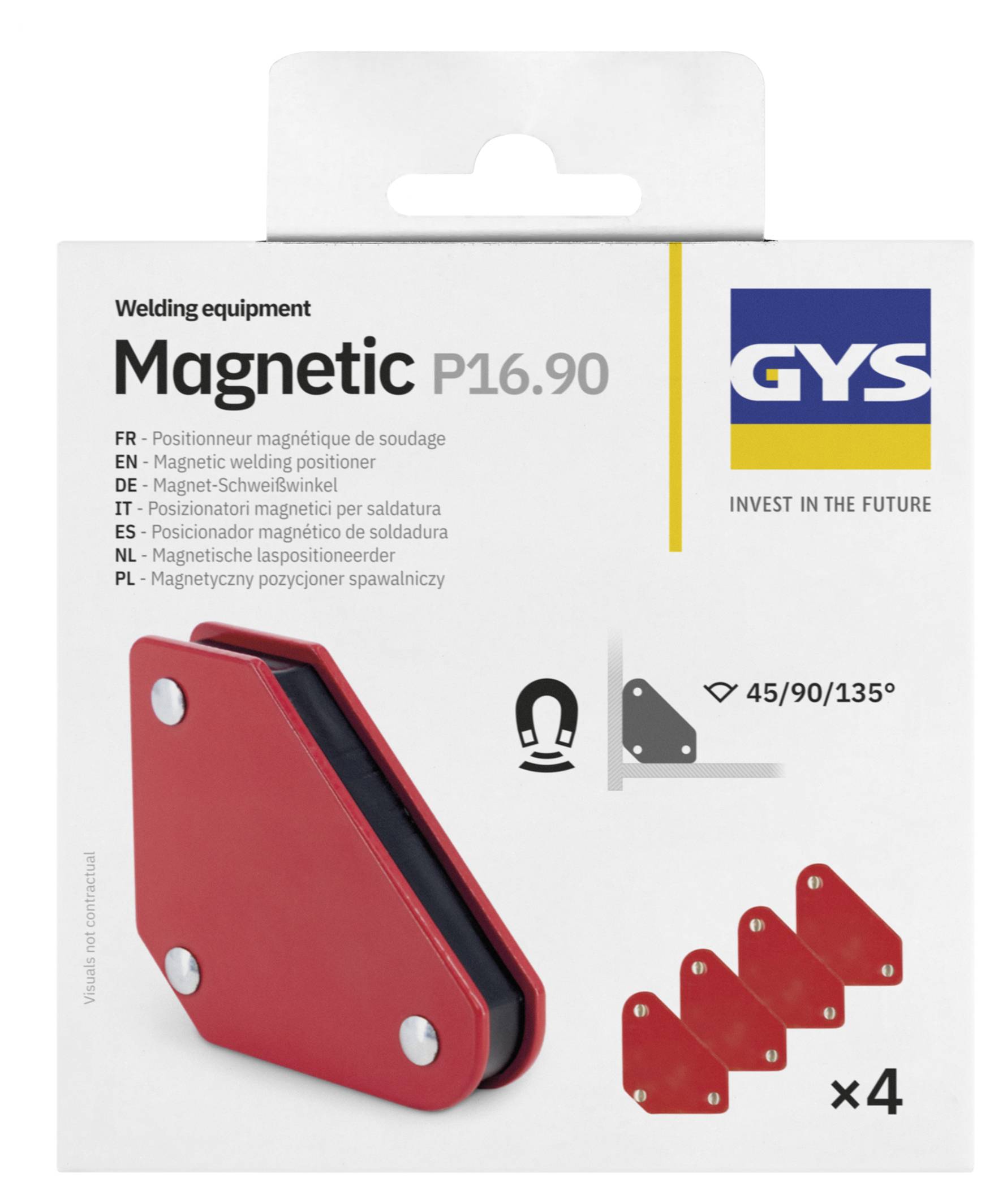 Balíček pre zvaraciu techniku GYS Magnetic P16.90, ktorý zobrazuje červený magnetický držiak s uhlom nastaviteľný na 45/90/135° polôh a s množstvom x4.