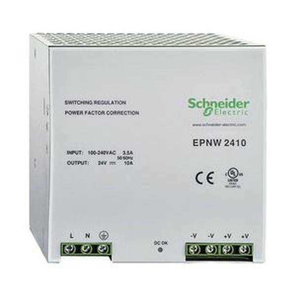 Napájací zdroj 'Schneider Electric EPNW 2410' s vyznačením technických špecifikácií: Vstup 100-240V AC, Výstup 24V/10A.