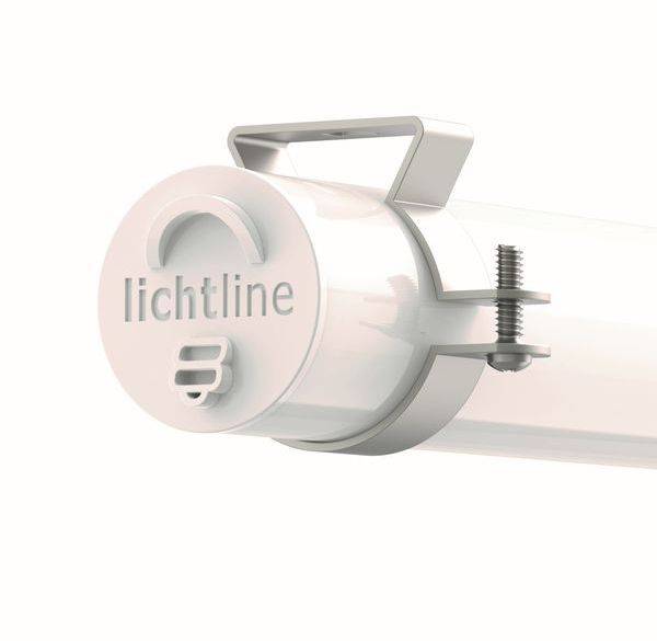 Žiarivka s nápisom 'lichtline', upevnená kovovým držiakom.