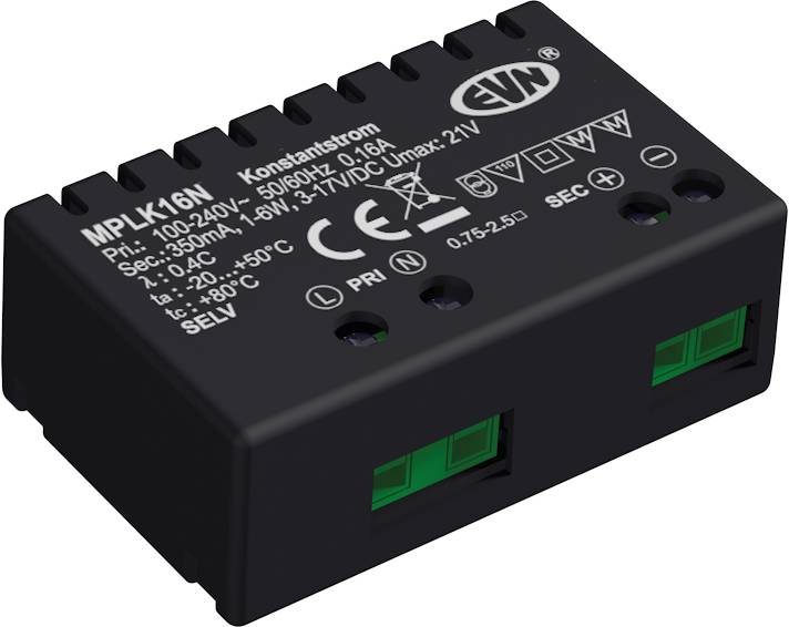 Čierny elektrický modul Konstlstrom s označením MPLK16N so značením vstupných a výstupných svoriek, zobrazený v 3D na bielom pozadí.