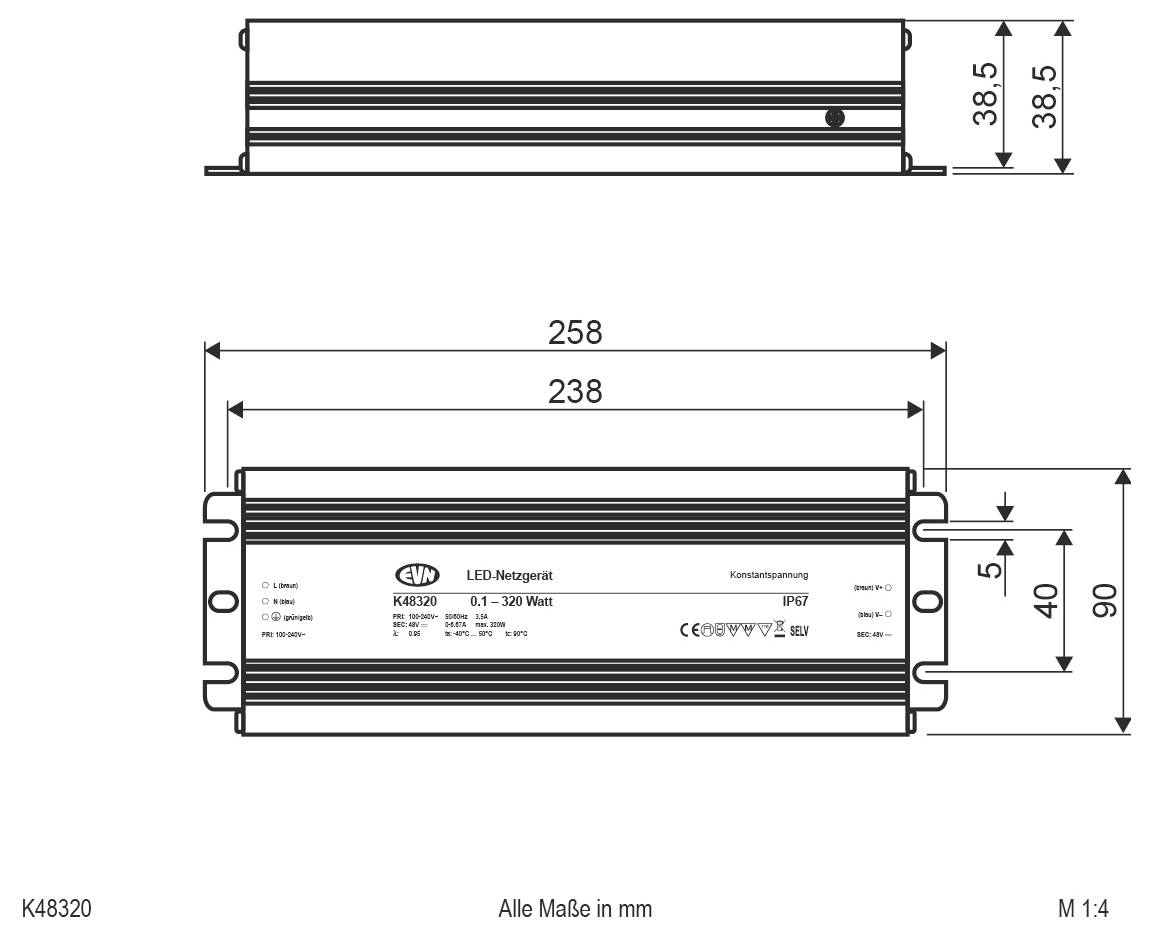 Technický výkres modulu LED napájacieho zdroja, zobrazujúci predný a bočný pohľad s rozmermi v milimetroch (258 x 90 x 38,5 mm) a označeným modelom K48320.